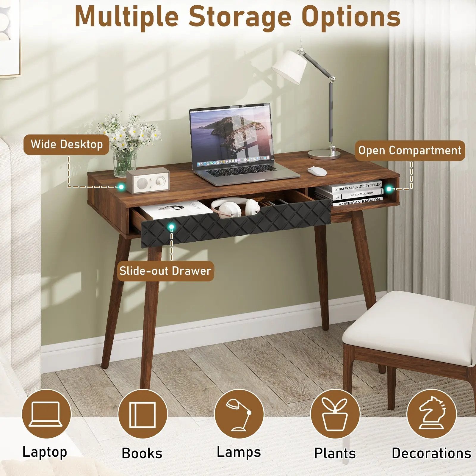 Mid-Century Modern Computer Desk with Drawer and Open Compartment-Brown by DirectDeals