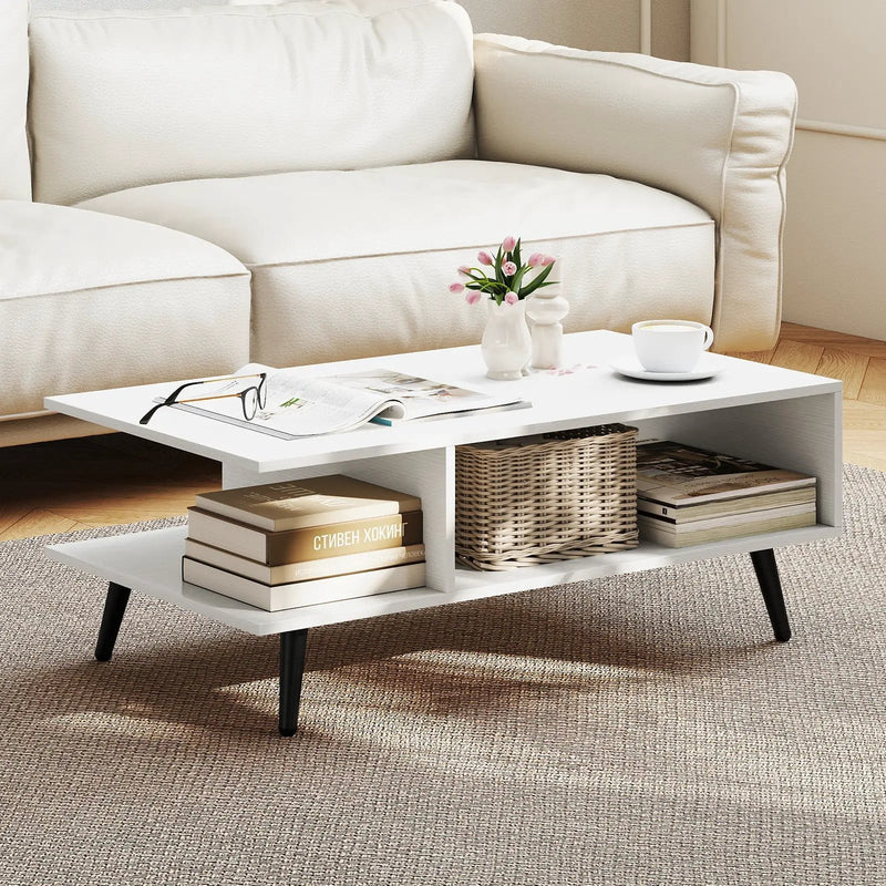 Mid Century Modern Rectangle Coffee Table 2-Tier Accent Table with 2 Open Compartments by DirectDeals