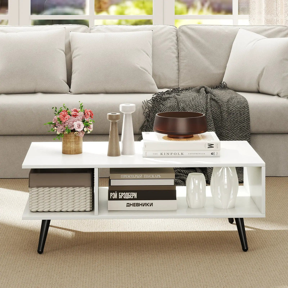 Mid Century Modern Rectangle Coffee Table 2-Tier Accent Table with 2 Open Compartments, photo 2 of 9
