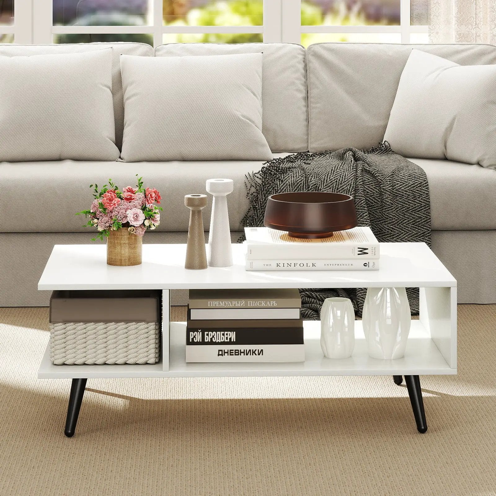 Mid Century Modern Rectangle Coffee Table 2-Tier Accent Table with 2 Open Compartments by DirectDeals