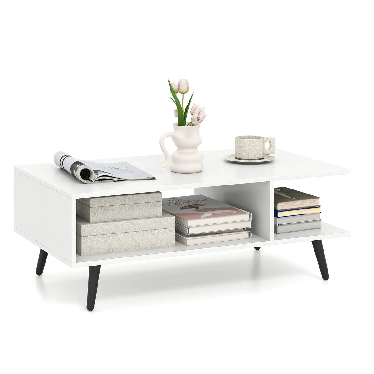 Mid Century Modern Rectangle Coffee Table 2-Tier Accent Table with 2 Open Compartments, photo 4 of 9