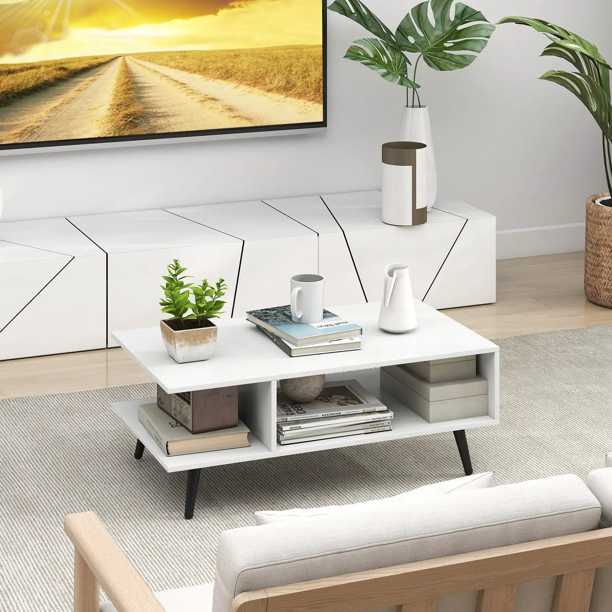 Mid Century Modern Rectangle Coffee Table 2-Tier Accent Table with 2 Open Compartments, photo 6 of 9