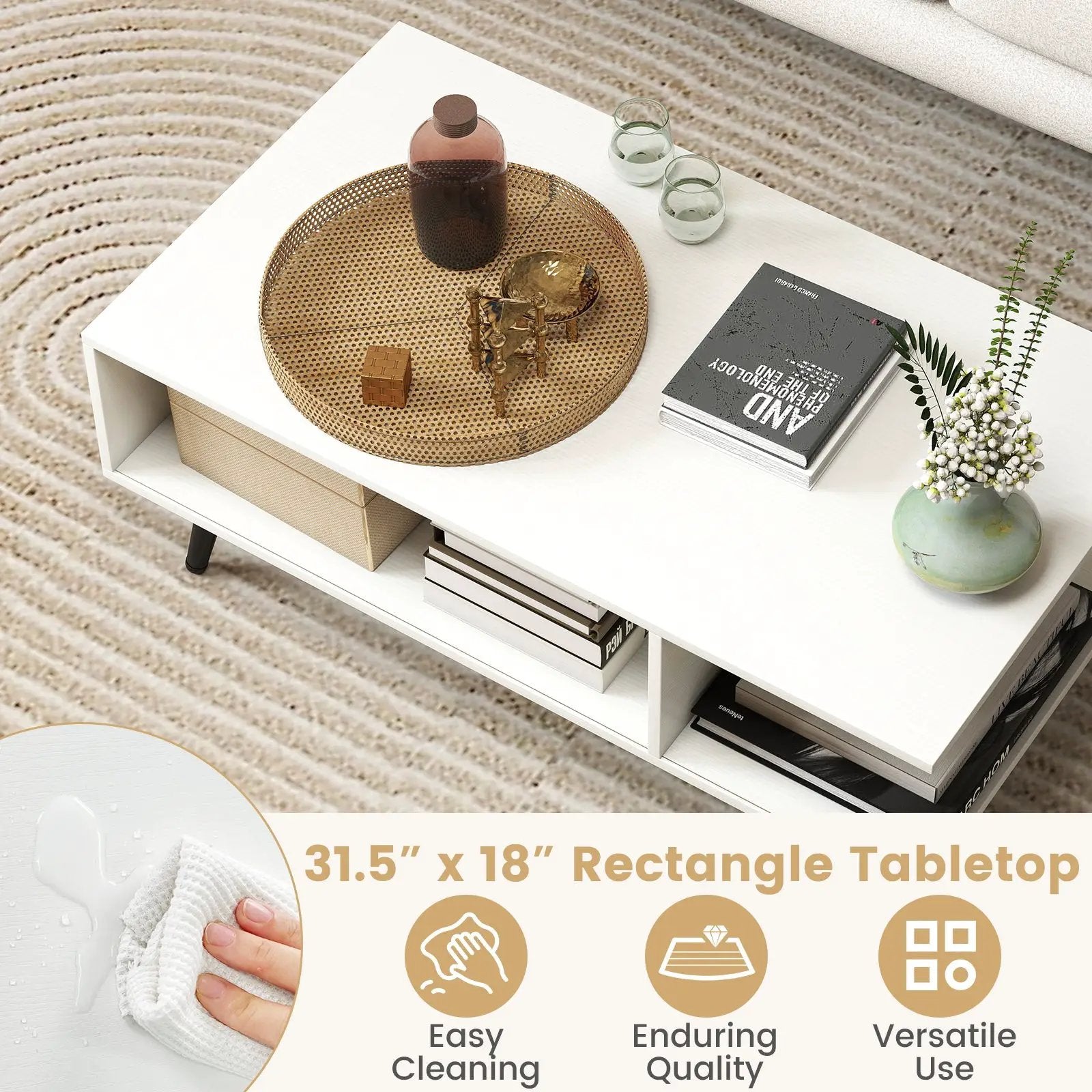 Mid Century Modern Rectangle Coffee Table 2-Tier Accent Table with 2 Open Compartments by DirectDeals