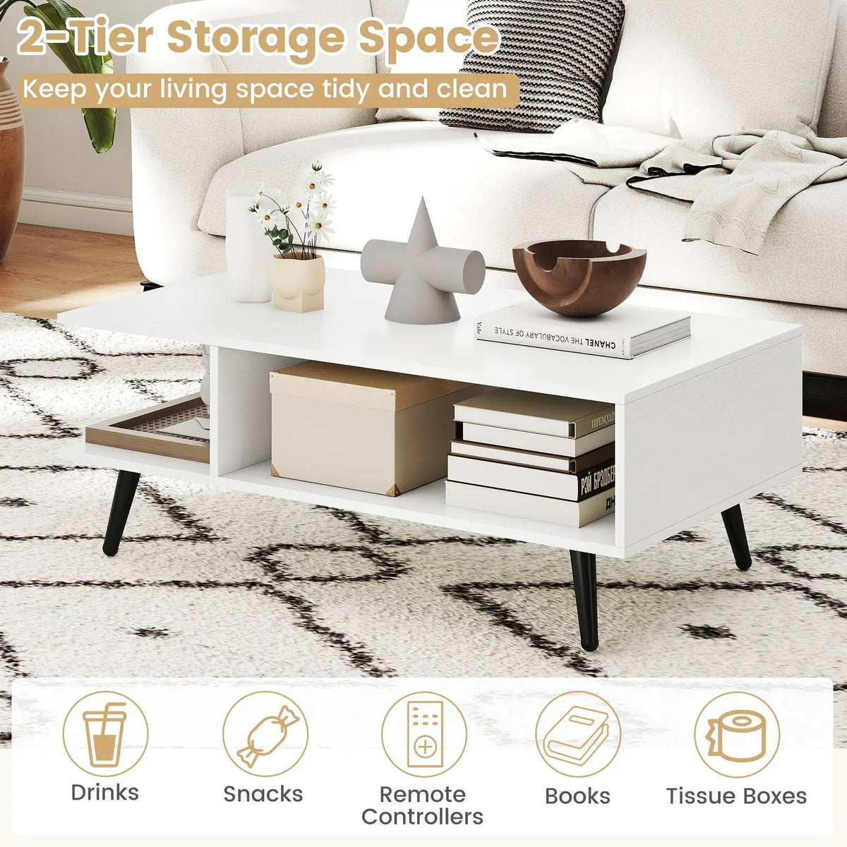Mid Century Modern Rectangle Coffee Table 2-Tier Accent Table with 2 Open Compartments, photo 8 of 9