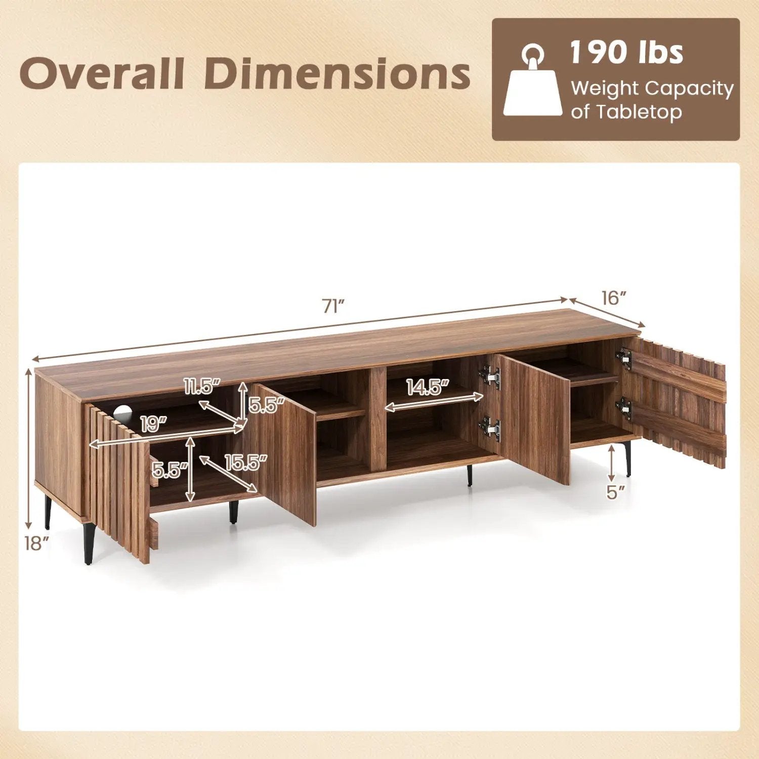 Mid Century Modern Entertainment Center with 4 Storage Cabinets for Living Room by DirectDeals
