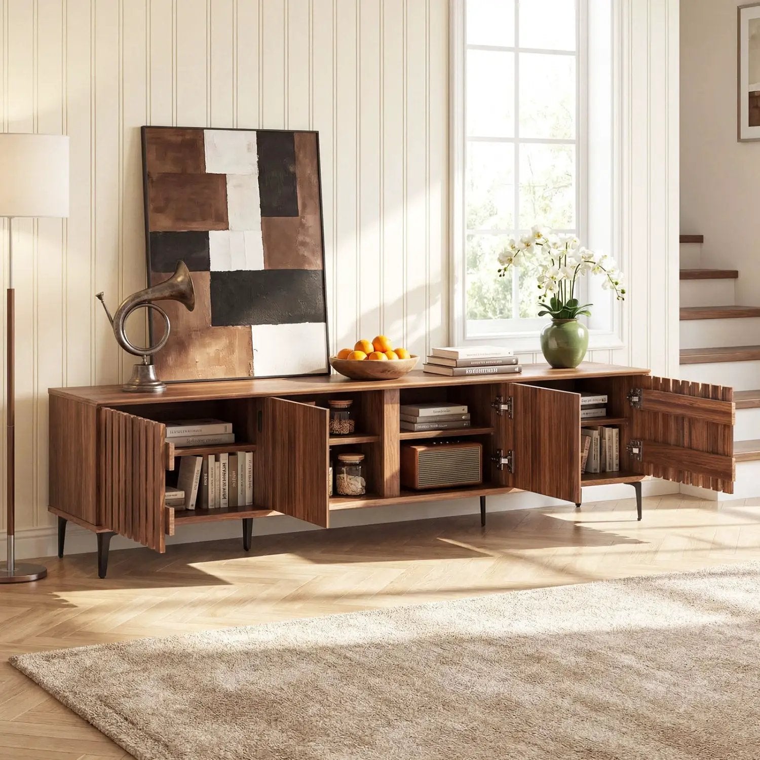 Mid Century Modern Entertainment Center with 4 Storage Cabinets for Living Room by DirectDeals