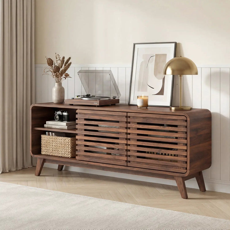 Mid Century Modern Entertainment Center with Grille-style Sliding Doors for Living Room by DirectDeals