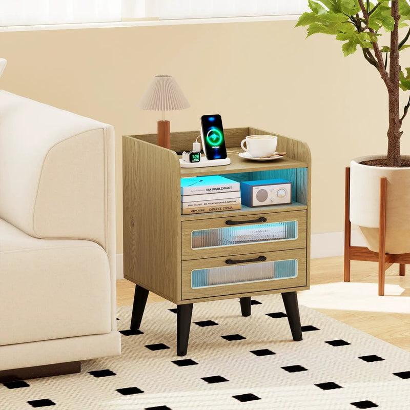 Nightstand with Charging Station and LED Lights by DirectDeals