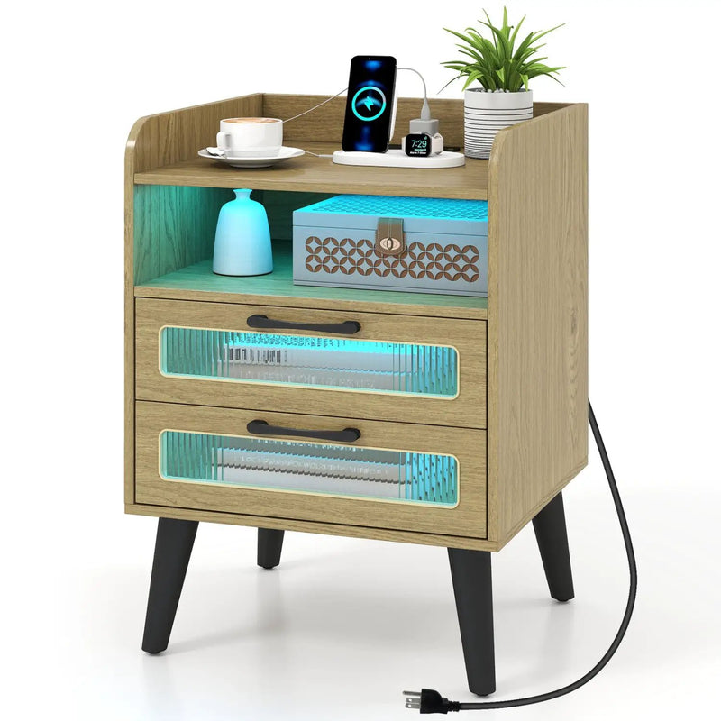 Nightstand with Charging Station and LED Lights by DirectDeals