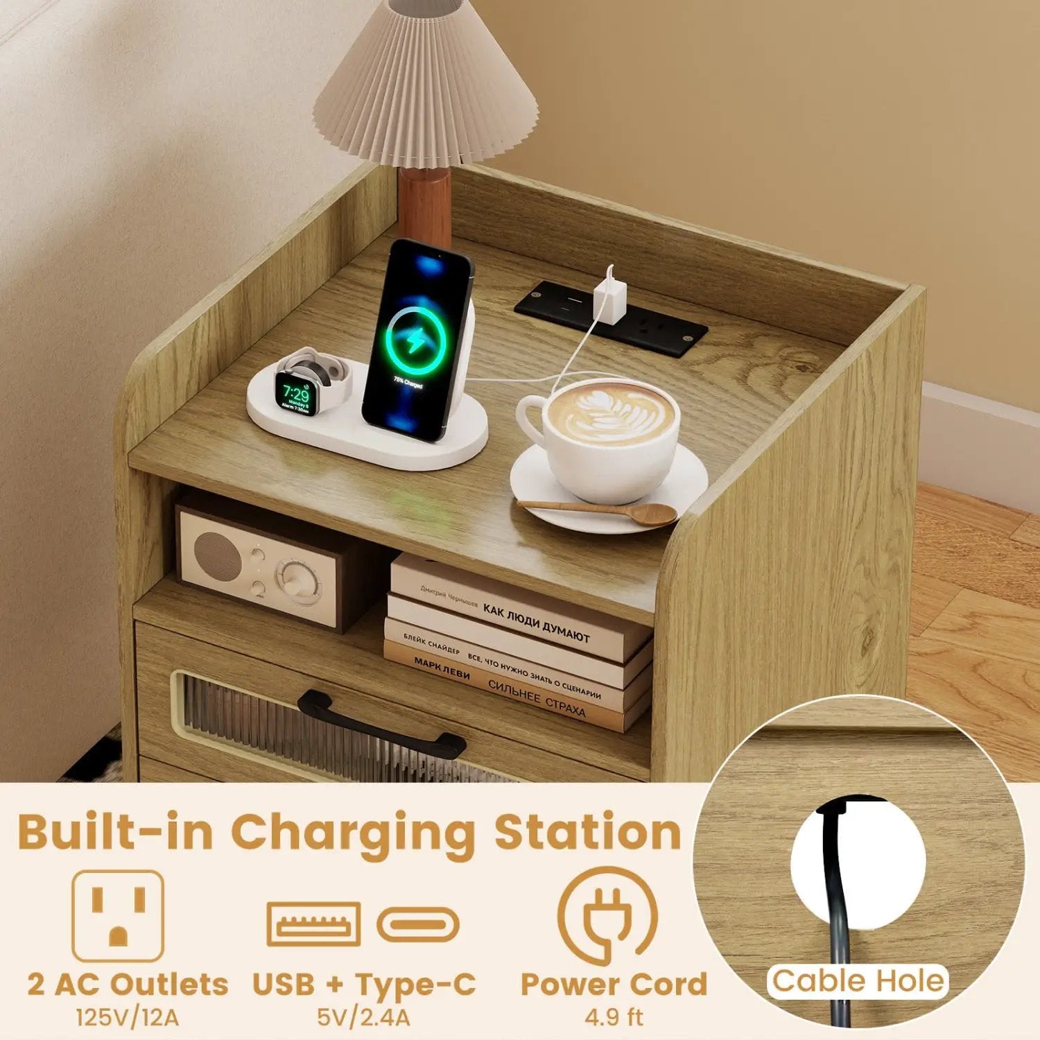 Nightstand with Charging Station and LED Lights by DirectDeals