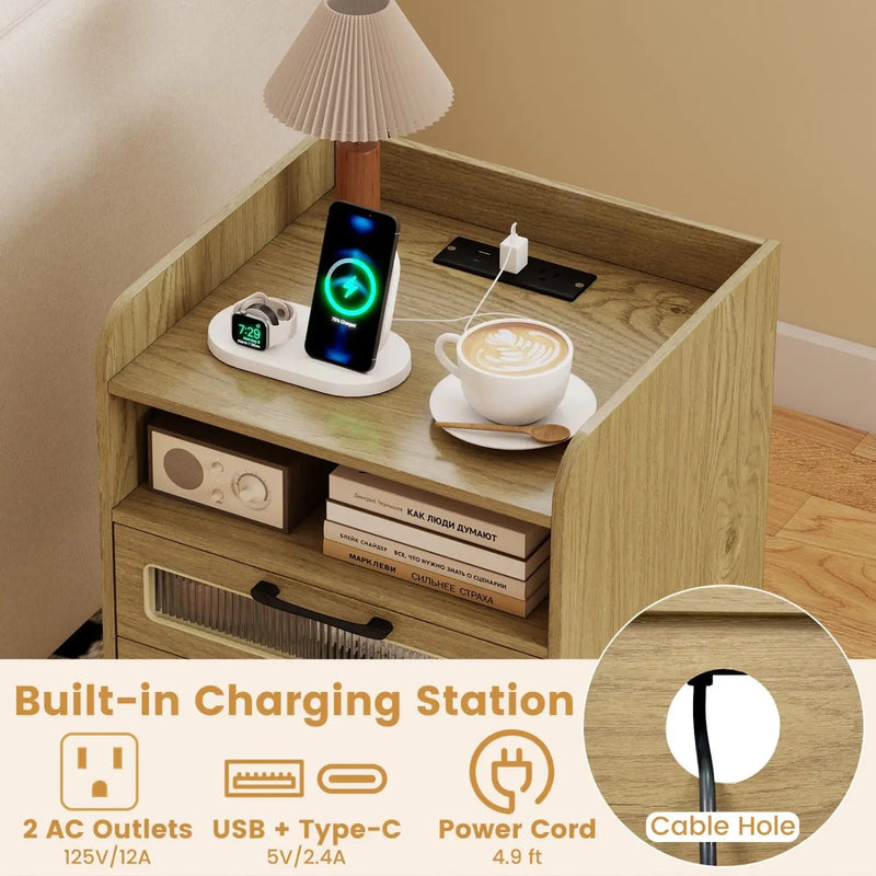 Nightstand with Charging Station and LED Lights by DirectDeals