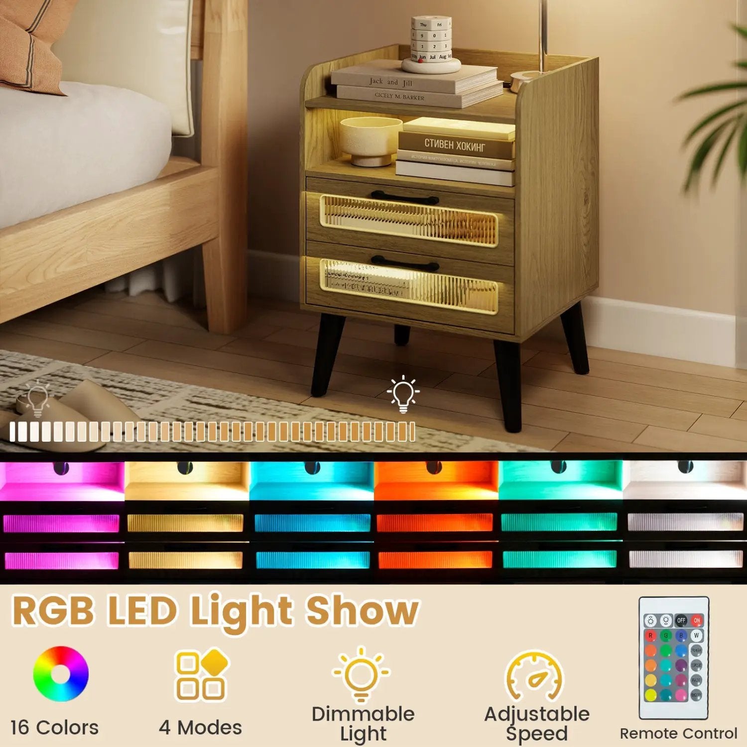 Nightstand with Charging Station and LED Lights by DirectDeals