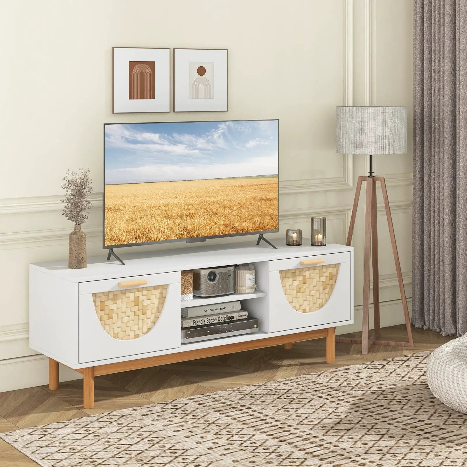 Mid Century Modern TV Stand Entertainment Center for 55-Inch TV with 2 Drawers and Bamboo Woven Fronts-White by DirectDeals