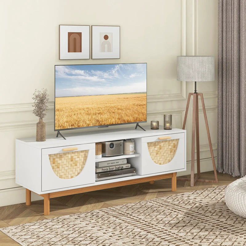 Mid Century Modern TV Stand Entertainment Center for 55-Inch TV with 2 Drawers and Bamboo Woven Fronts-White by DirectDeals