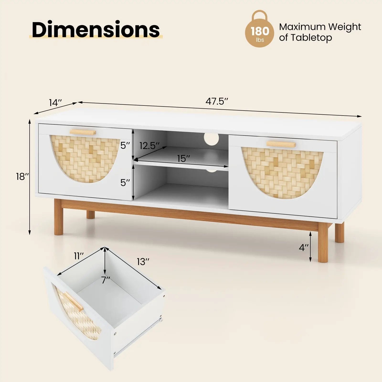 Mid Century Modern TV Stand Entertainment Center for 55-Inch TV with 2 Drawers and Bamboo Woven Fronts-White by DirectDeals