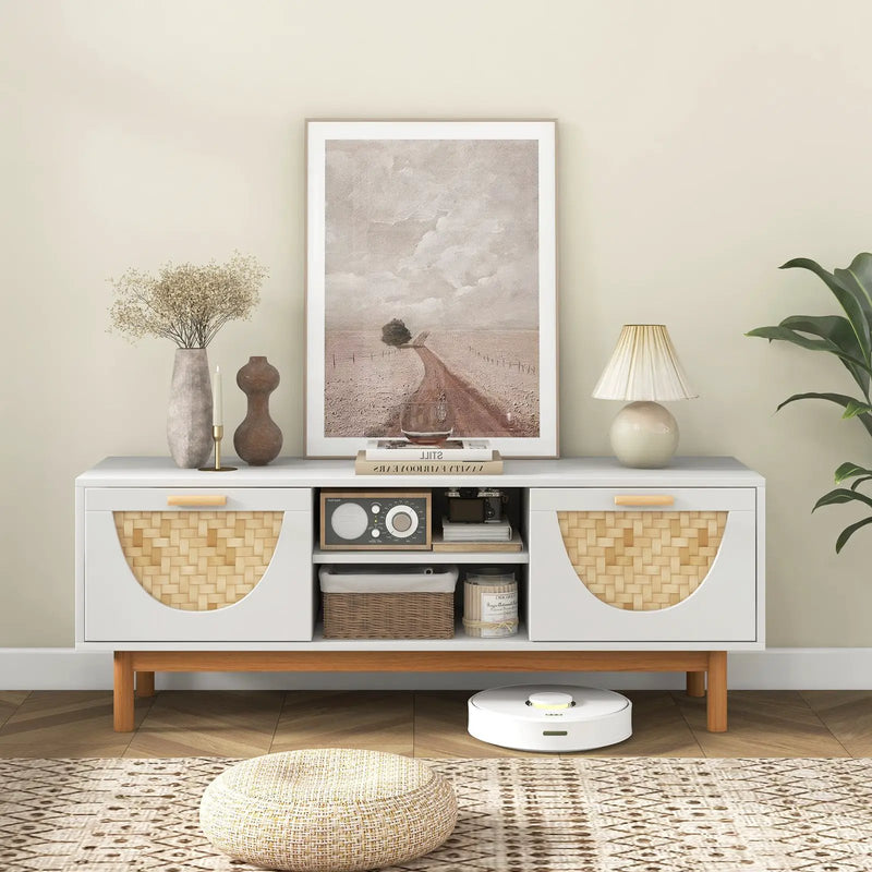 Mid Century Modern TV Stand Entertainment Center for 55-Inch TV with 2 Drawers and Bamboo Woven Fronts-White by DirectDeals