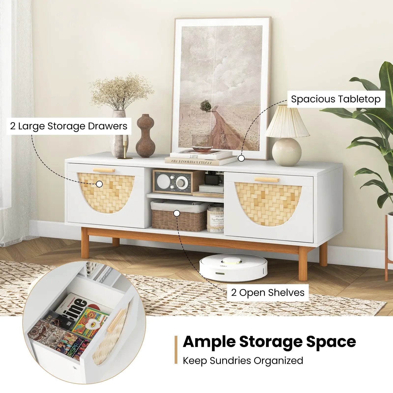 Mid Century Modern TV Stand Entertainment Center for 55-Inch TV with 2 Drawers and Bamboo Woven Fronts-White by DirectDeals