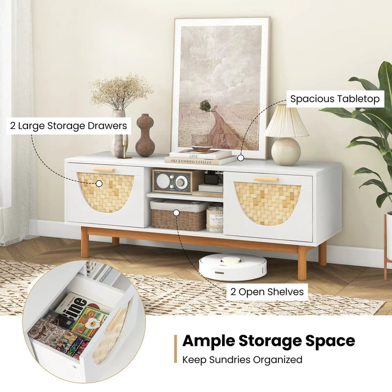 Mid Century Modern TV Stand Entertainment Center for 55-Inch TV with 2 Drawers and Bamboo Woven Fronts-White by DirectDeals