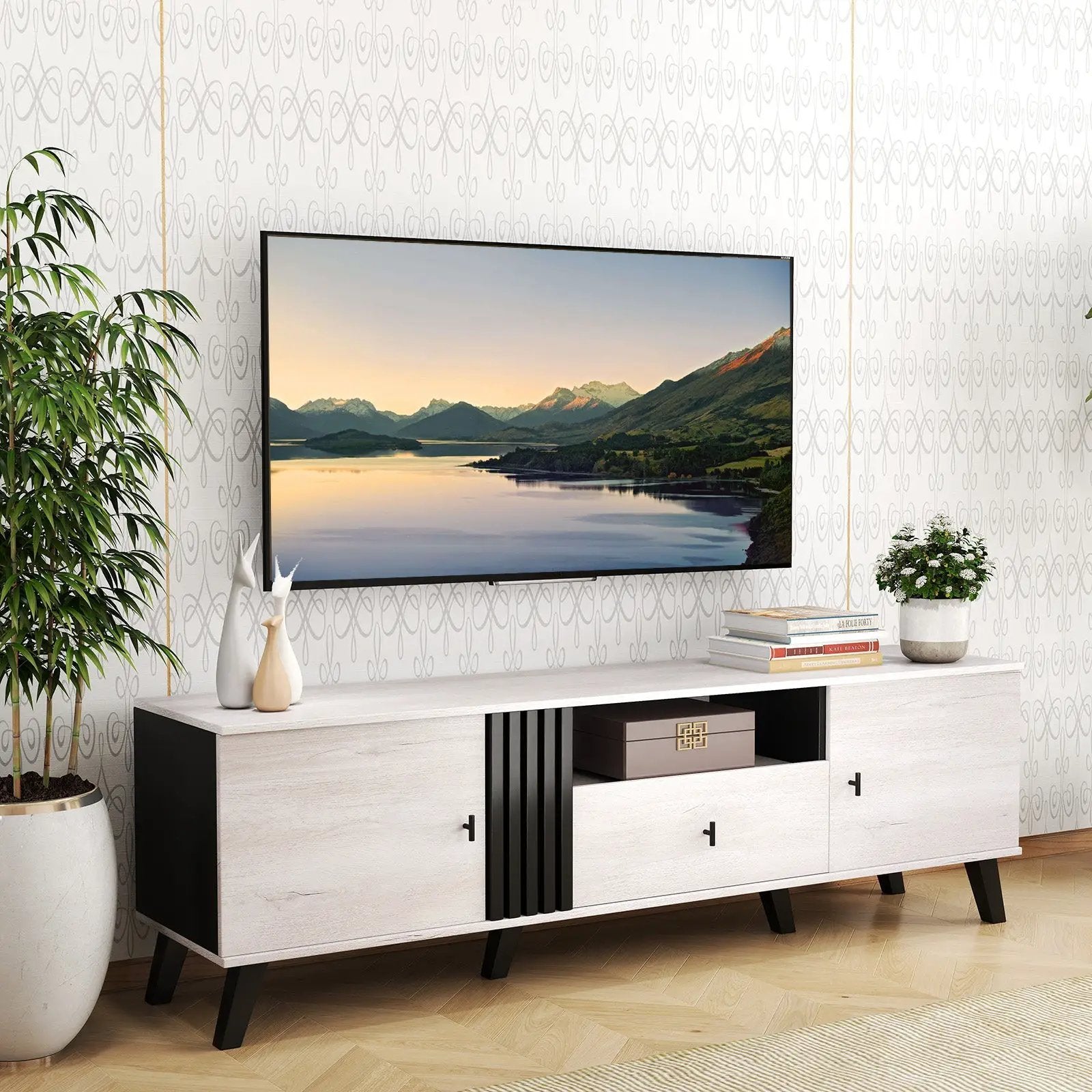 Mid Century Modern TV Stand Entertainment Center for 80" TVs-Oak by DirectDeals