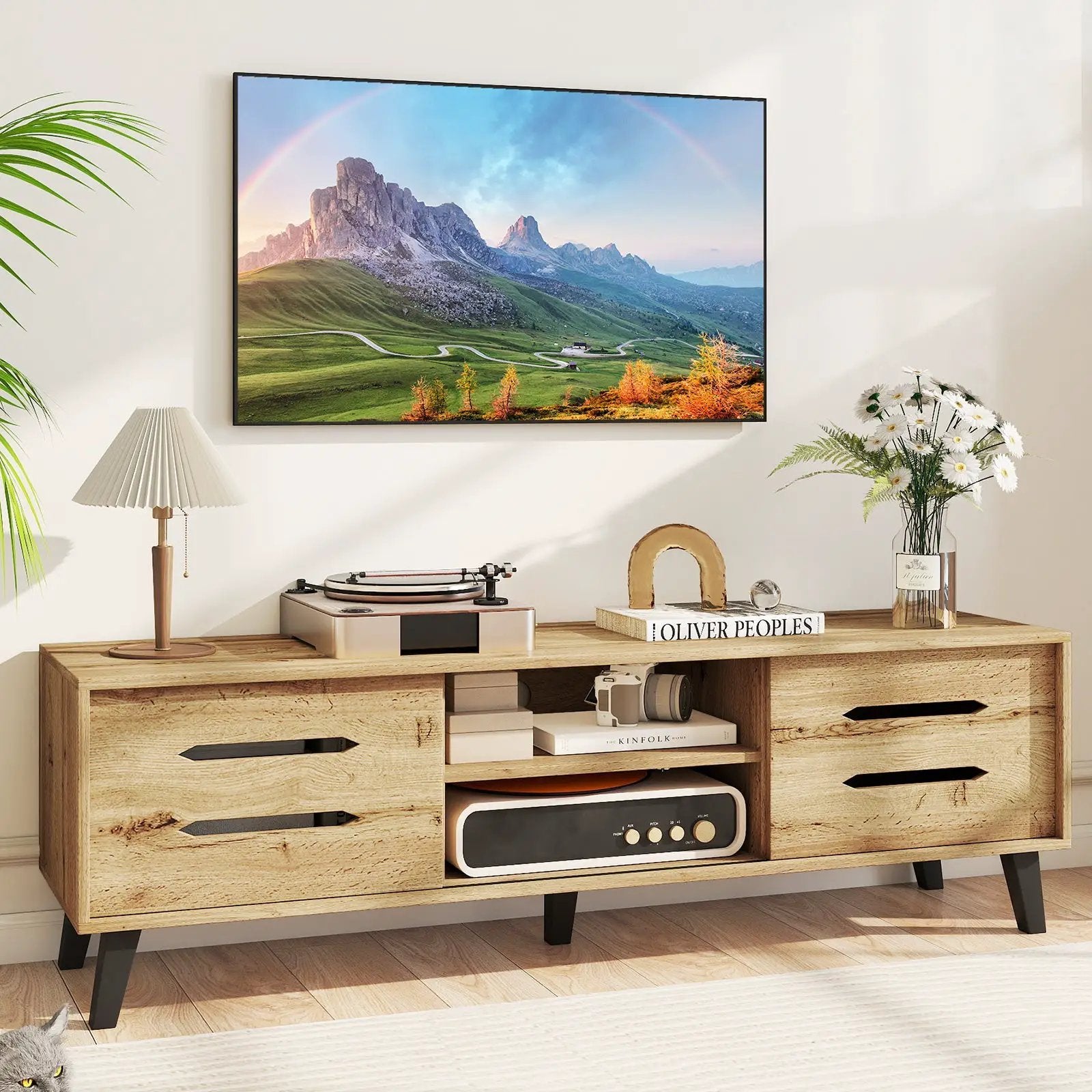 Mid Century Modern TV Stand with Sliding Doors and Cable Hole for 65 Inch TVs-Natural by DirectDeals
