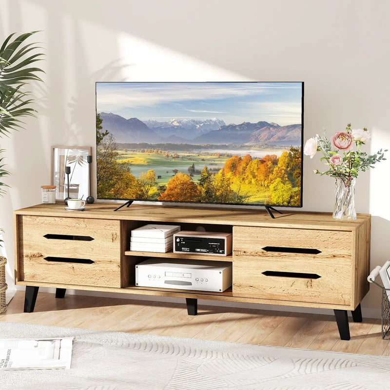 Mid Century Modern TV Stand with Sliding Doors and Cable Hole for 65 Inch TVs-Natural by DirectDeals