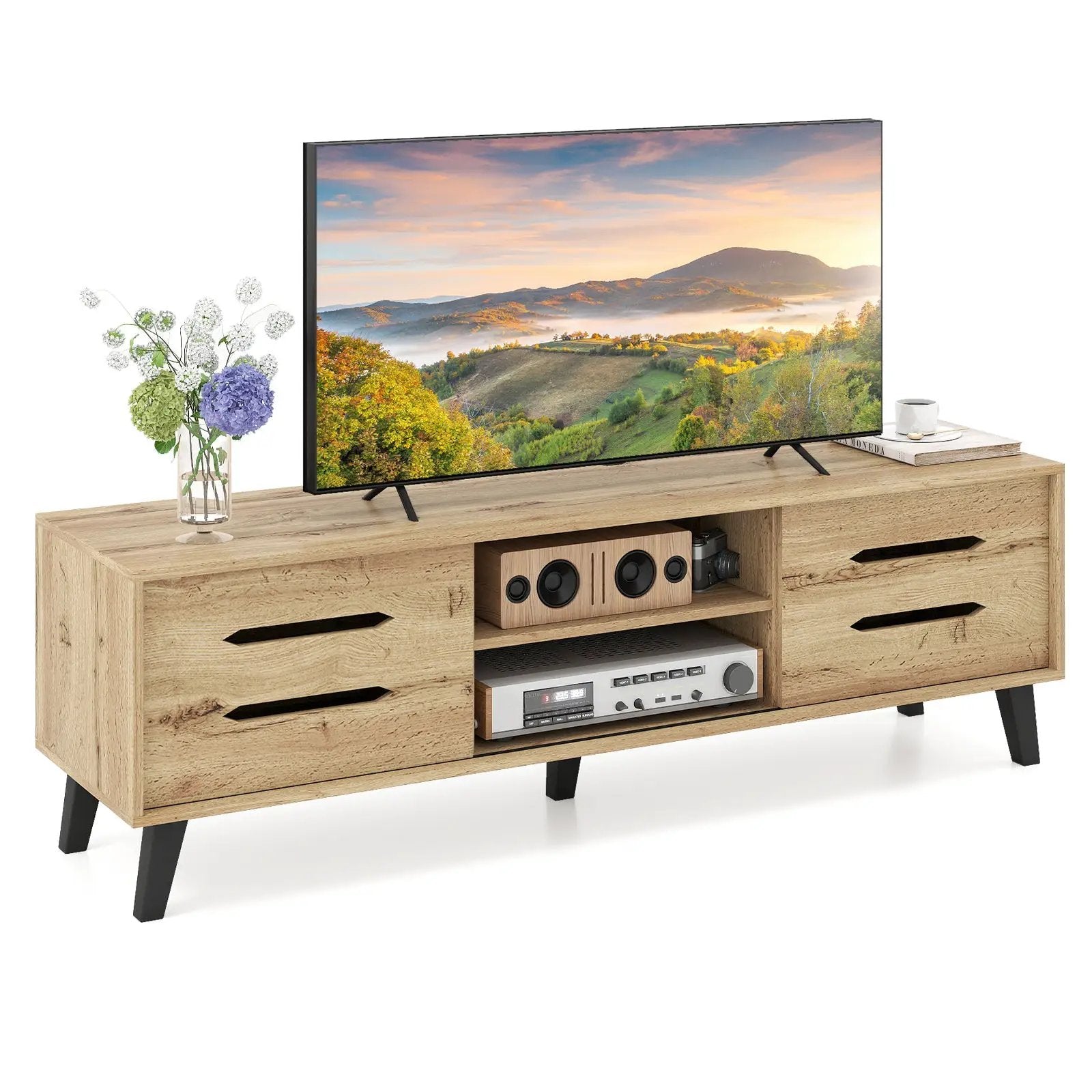 Mid Century Modern TV Stand with Sliding Doors and Cable Hole for 65 Inch TVs-Natural by DirectDeals
