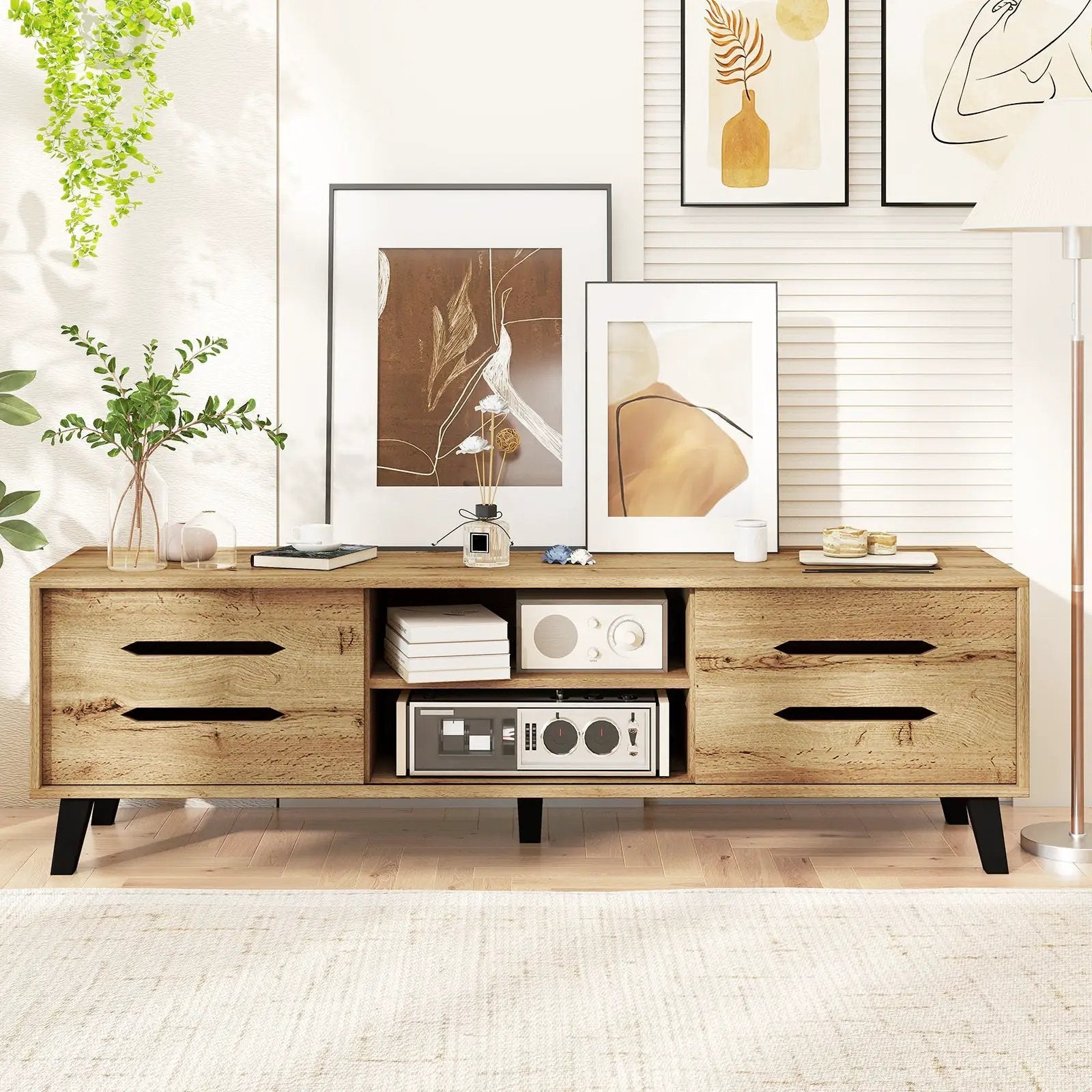 Mid Century Modern TV Stand with Sliding Doors and Cable Hole for 65 Inch TVs-Natural by DirectDeals