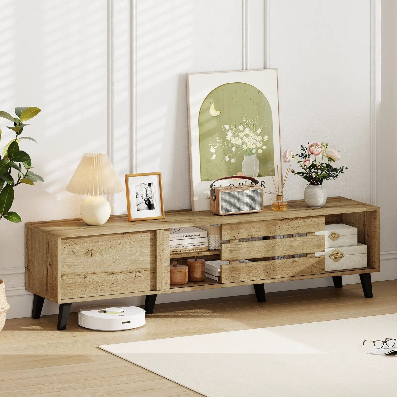 Mid Century Modern TV Stand for 80 Inch TVs with Sliding Door Cabinets and Storage Shelves-Oak by DirectDeals