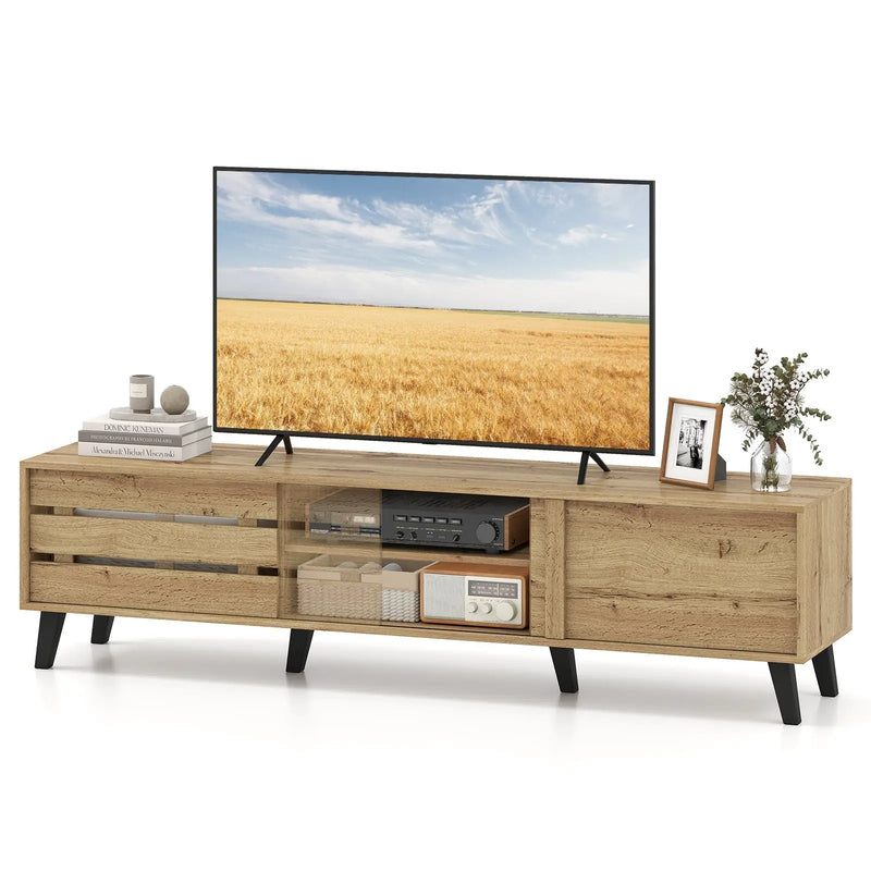 Mid Century Modern TV Stand for 80 Inch TVs with Sliding Door Cabinets and Storage Shelves-Oak by DirectDeals