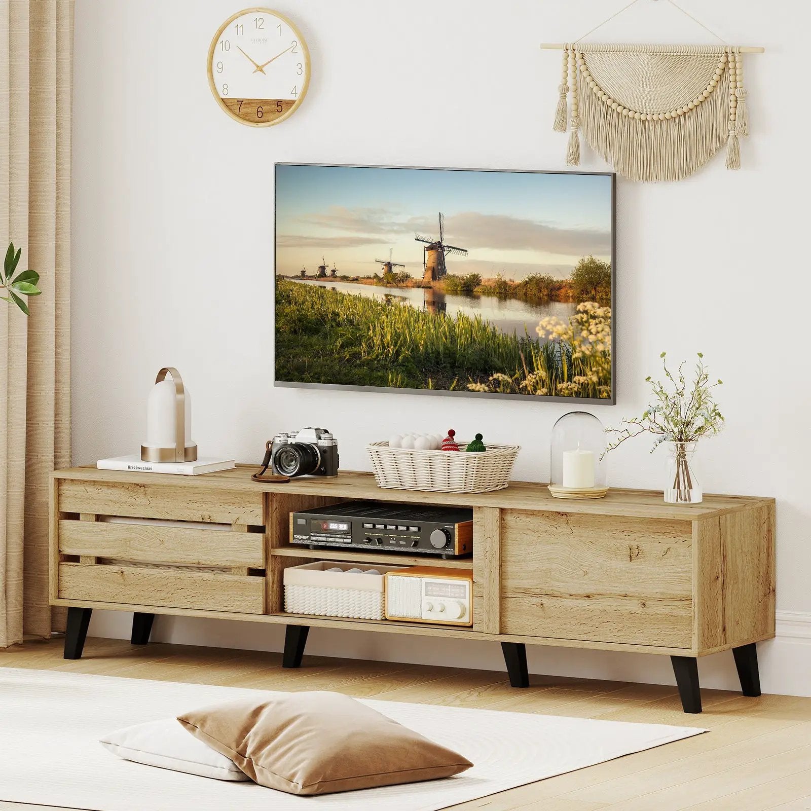 Mid Century Modern TV Stand for 80 Inch TVs with Sliding Door Cabinets and Storage Shelves-Oak by DirectDeals