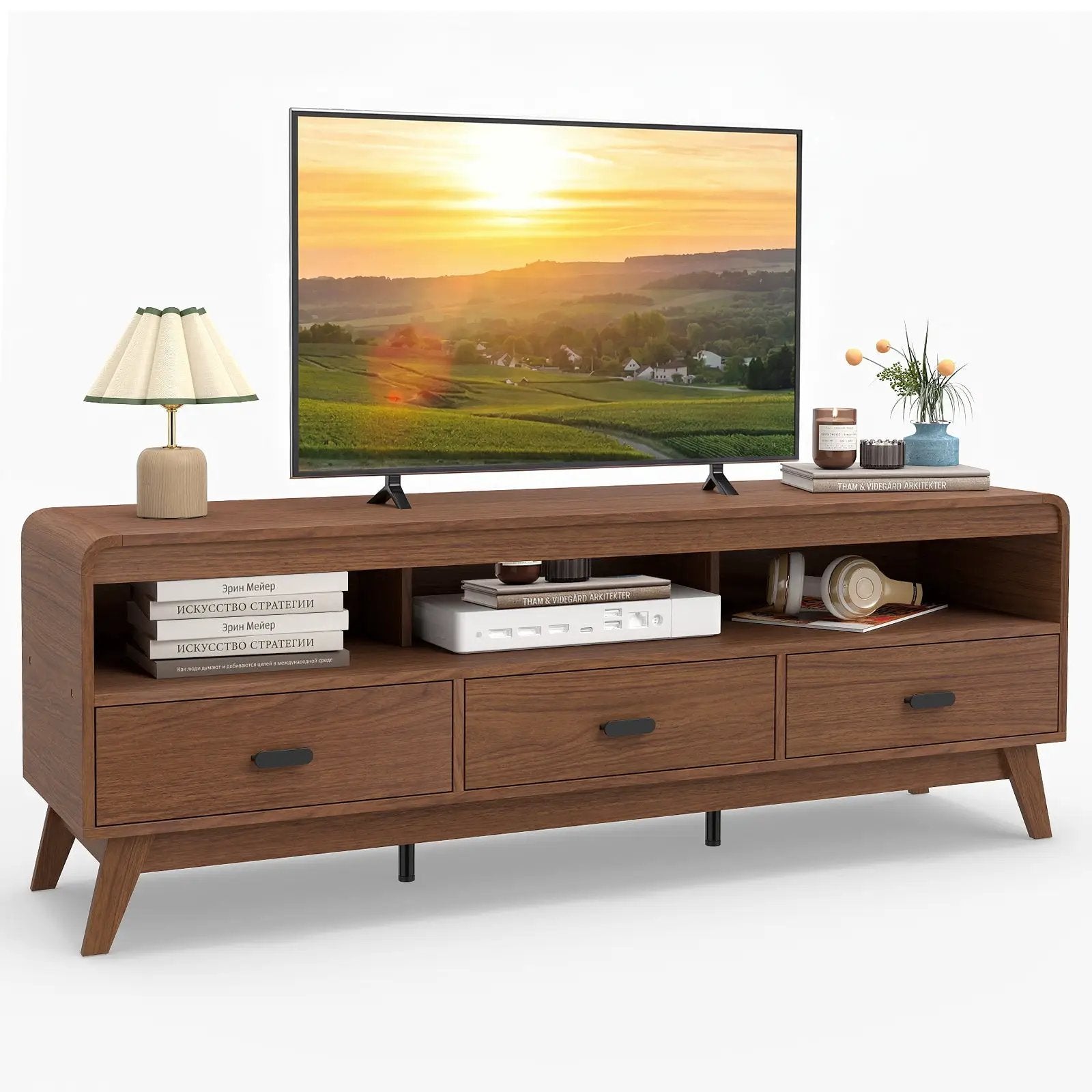 Mid Century Modern TV Stand for TVs up to 70" with 3 Storage Drawers and Open Shelves-Walnut by DirectDeals