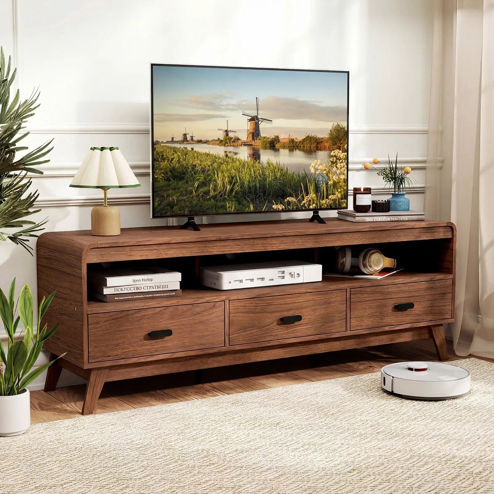 Mid Century Modern TV Stand for TVs up to 70" with 3 Storage Drawers and Open Shelves-Walnut by DirectDeals