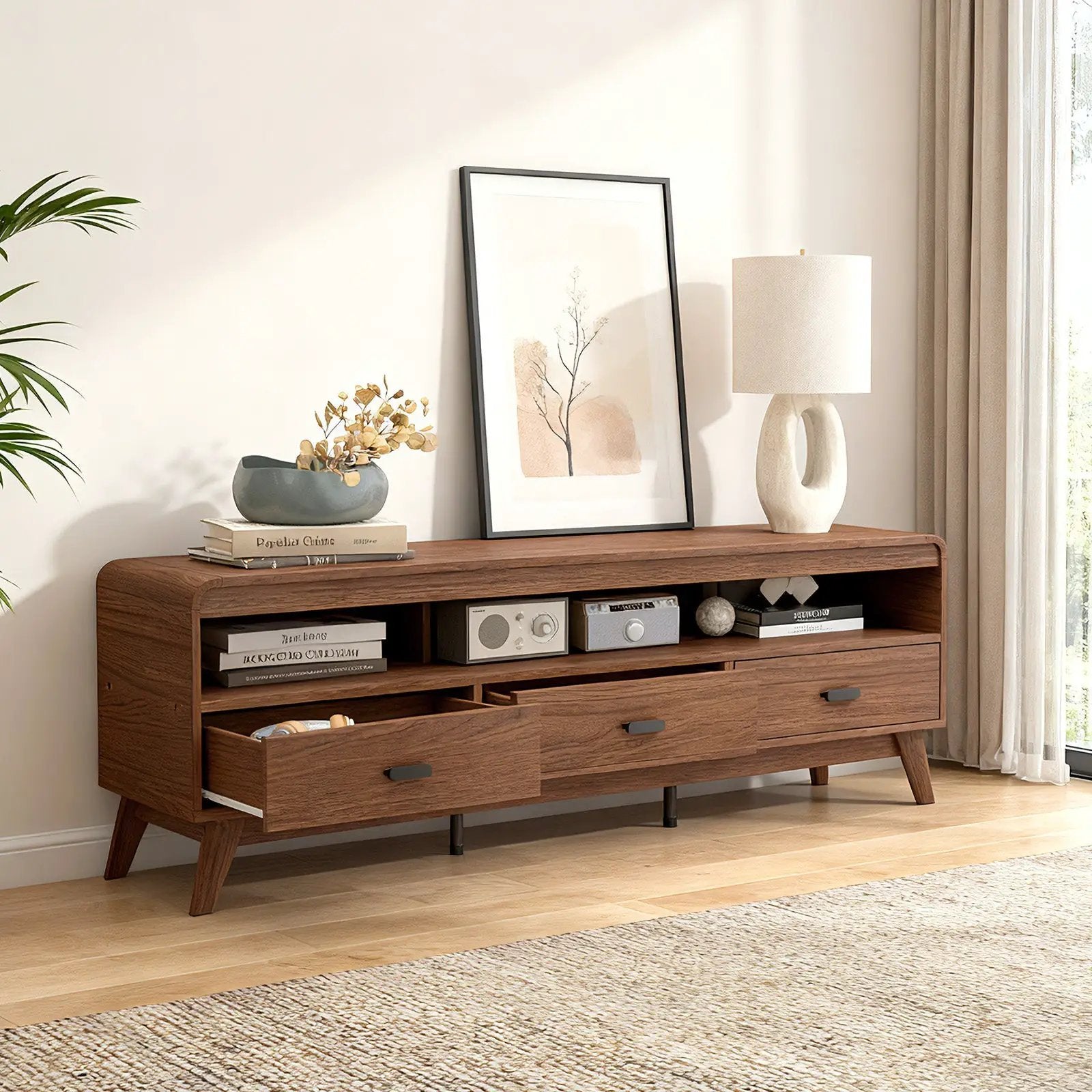 Mid Century Modern TV Stand for TVs up to 70" with 3 Storage Drawers and Open Shelves-Walnut by DirectDeals