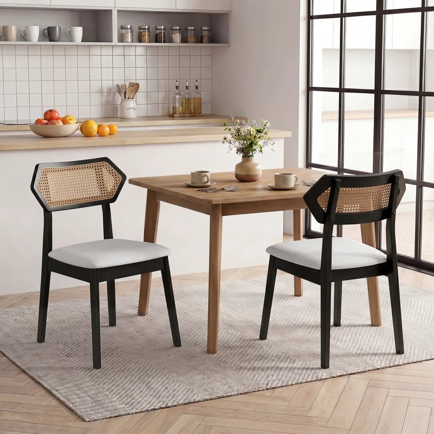 Mid Century Rattan Dining Chairs Set of 2 with Wood Frame by DirectDeals