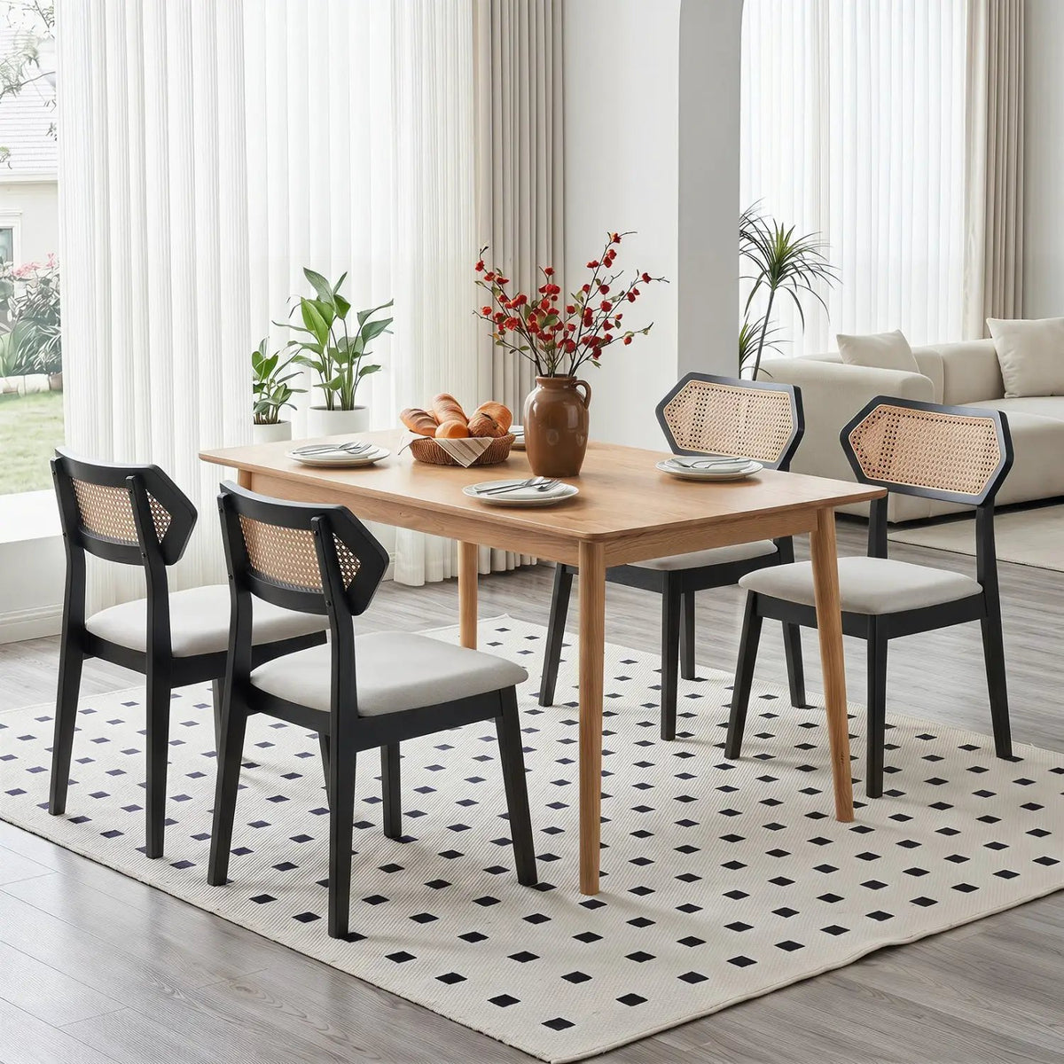 Mid Century Rattan Dining Chairs Set of 2 with Wood Frame, photo 5 of 16