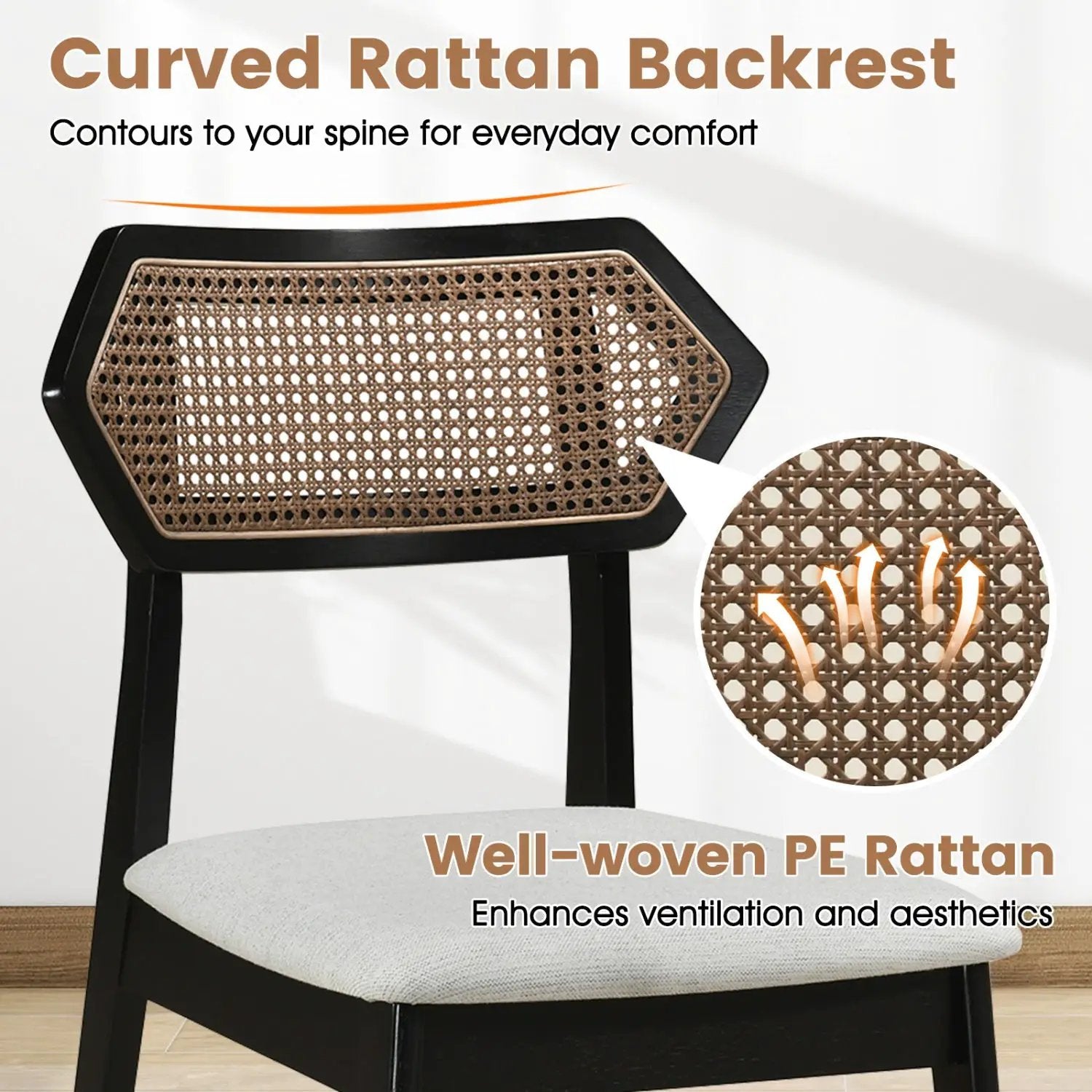 Mid Century Rattan Dining Chairs Set of 2 with Wood Frame by DirectDeals