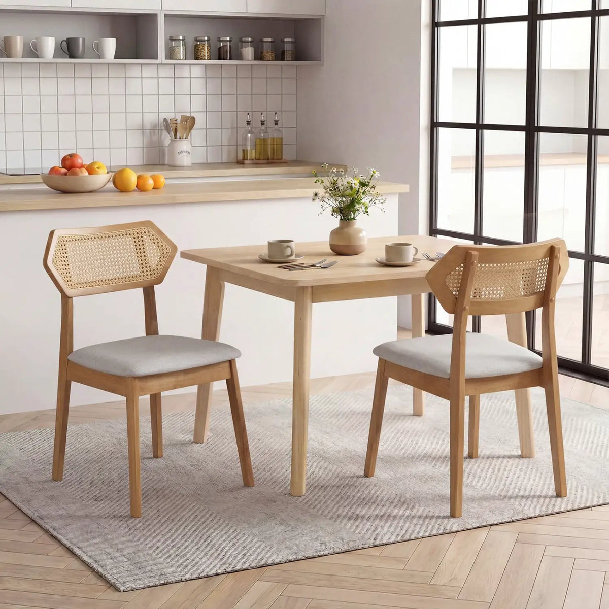 Mid Century Rattan Dining Chairs Set of 2 with Wood Frame, photo 9 of 16