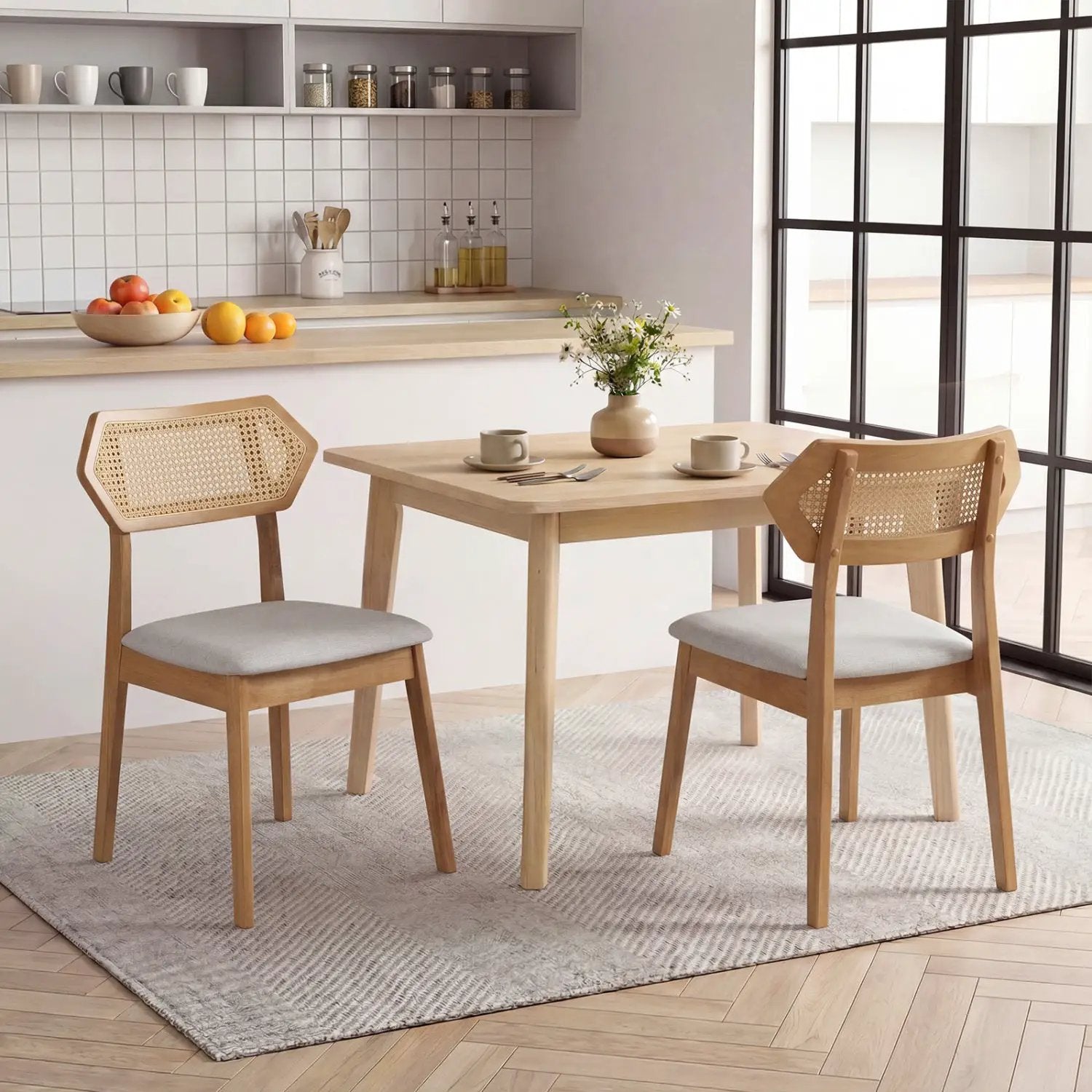 Mid Century Rattan Dining Chairs Set of 2 with Wood Frame by DirectDeals