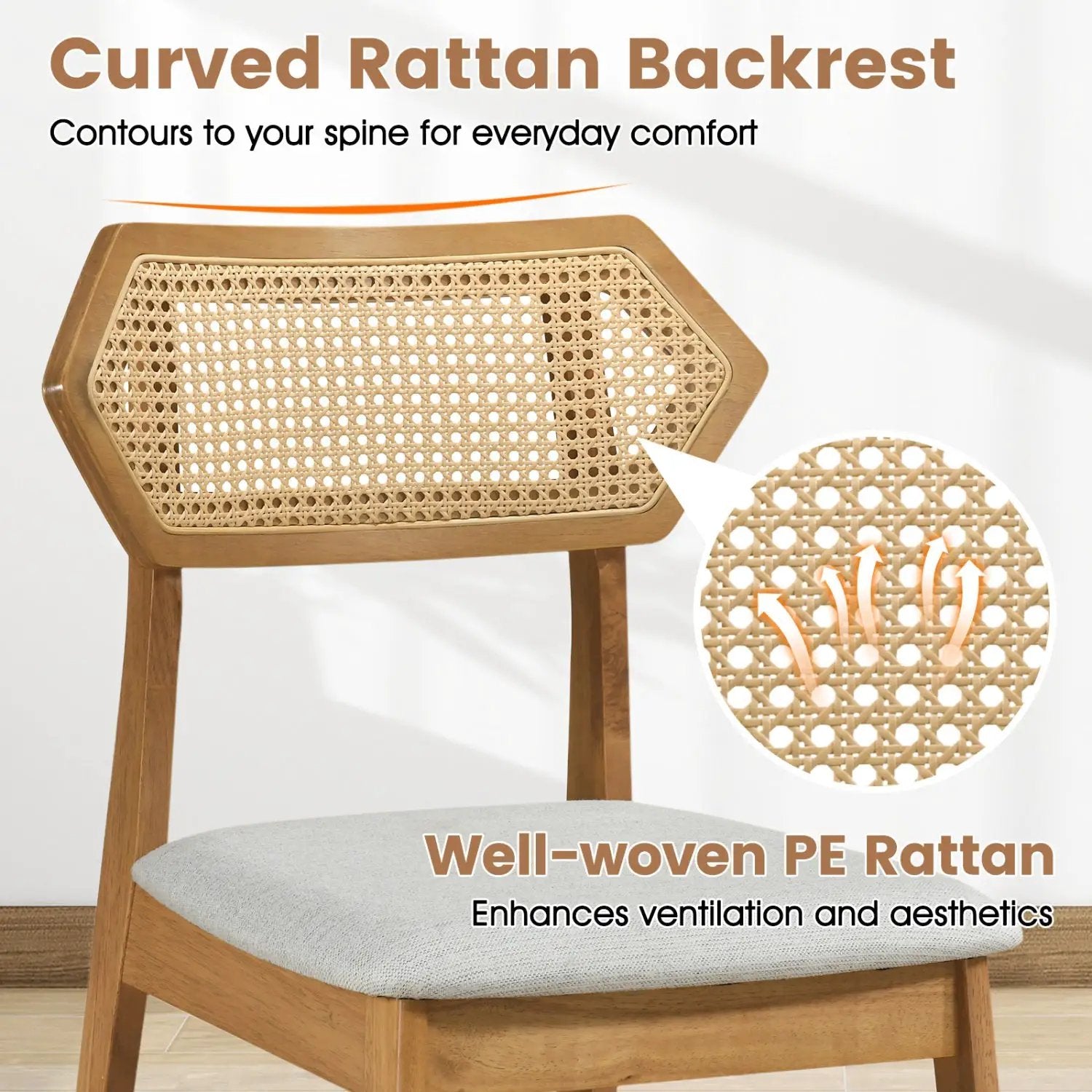Mid Century Rattan Dining Chairs Set of 2 with Wood Frame by DirectDeals