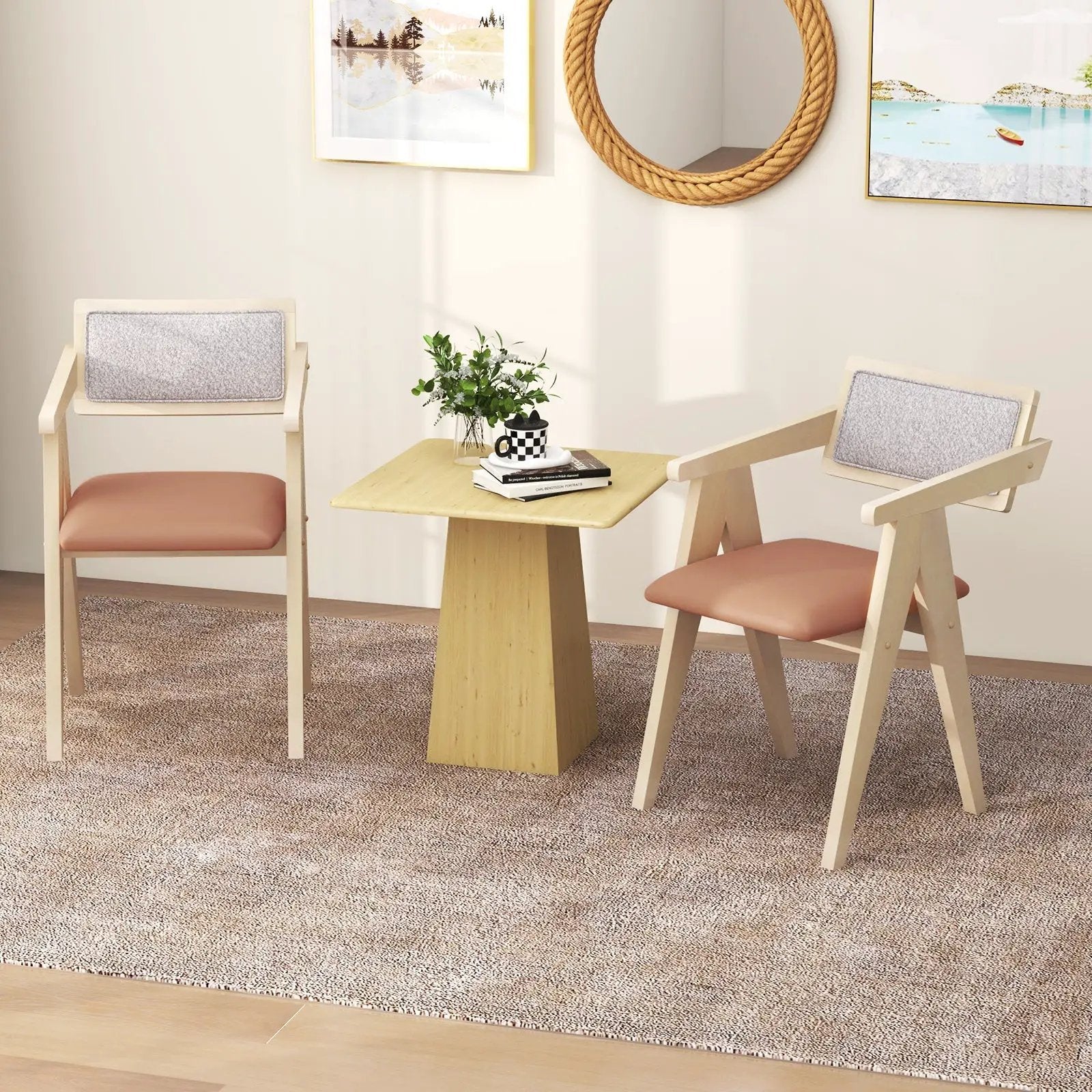 Mid Century Wooden Accent Chairs with Leathaire Seat Cushions Set of 2 by DirectDeals
