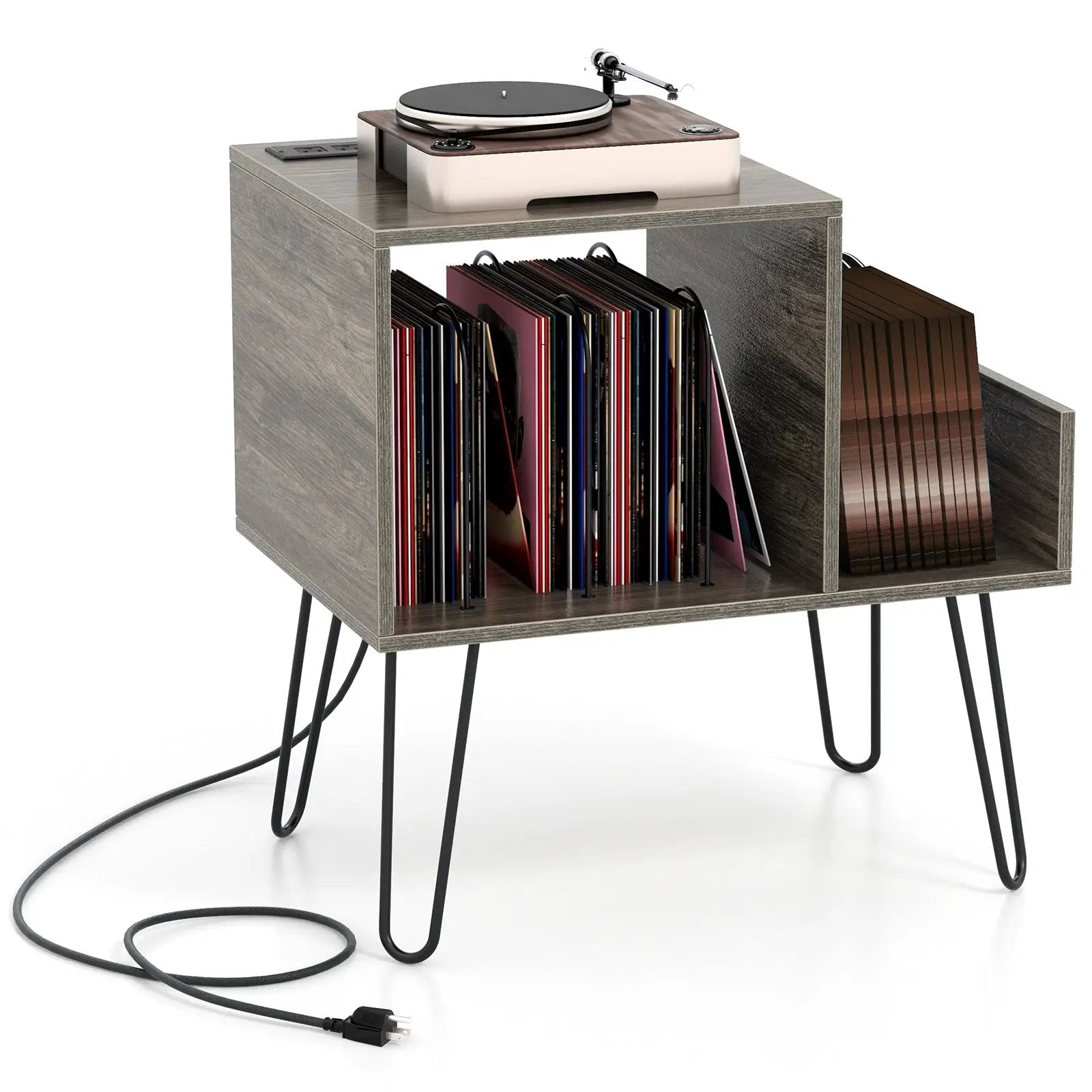 Mid-century Record Player Stand with Power Outlet and Vinyl Divider by DirectDeals