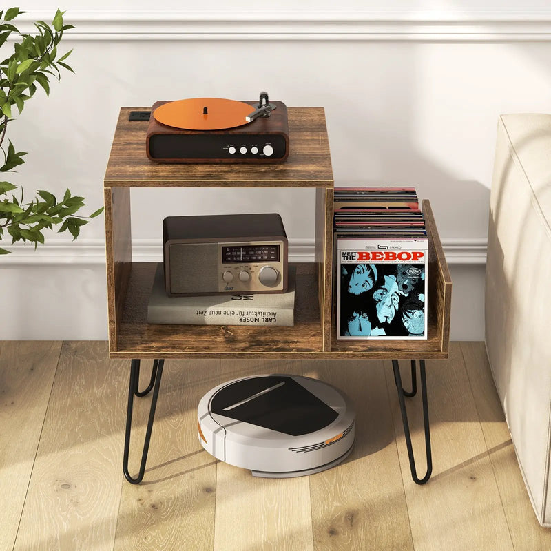 Mid-century Record Player Stand with Power Outlet and Vinyl Divider by DirectDeals