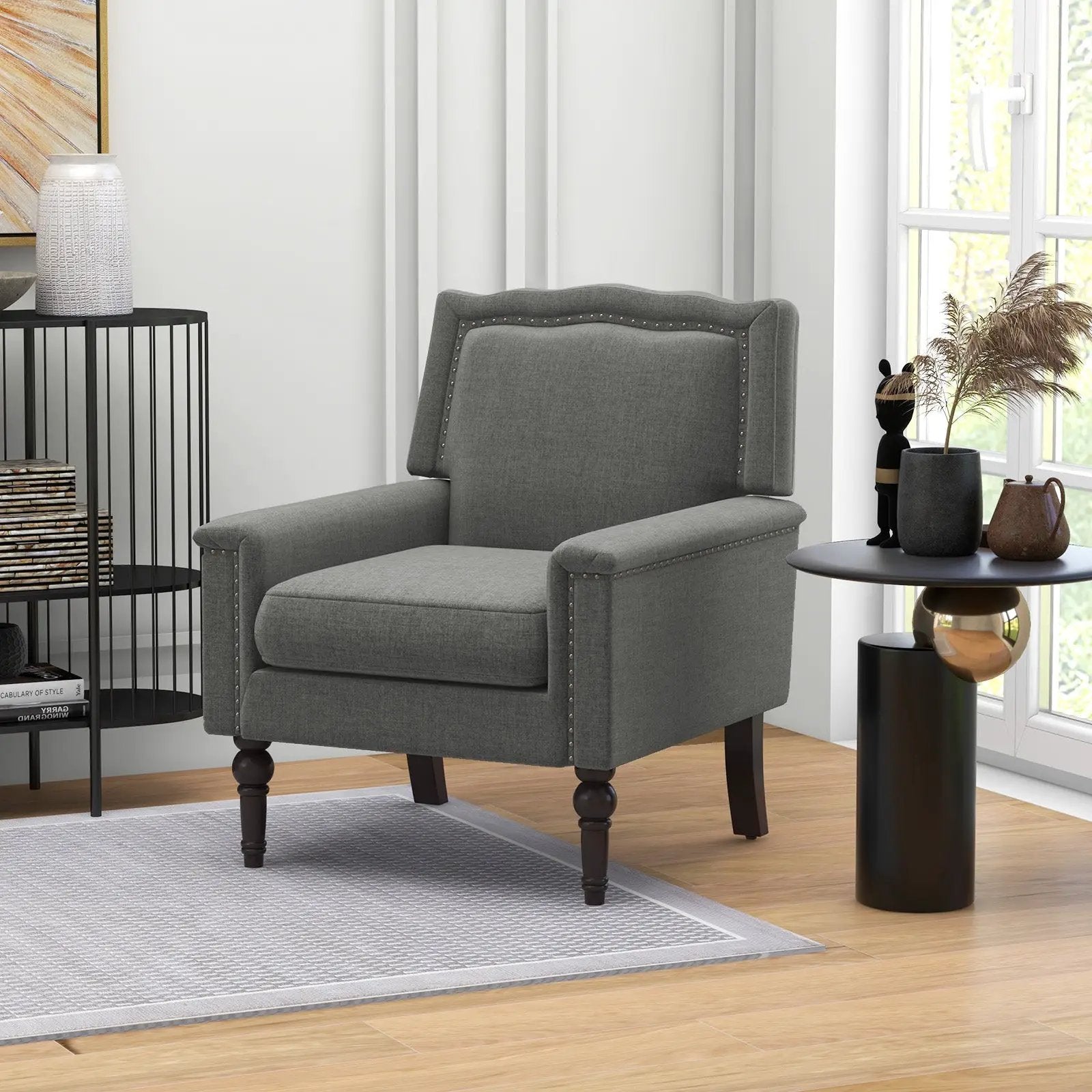 Mid-century Modern Armchair Linen Fabric Upholstered Accent Chair with Cushion-Gray by DirectDeals