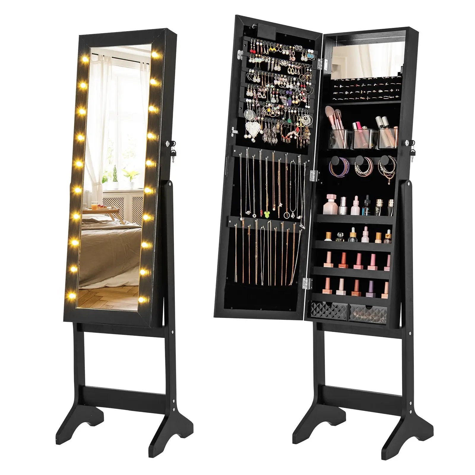 Mirror Jewelry Cabinet with 20 Warm Lights and 4 Tilt Angles by DirectDeals