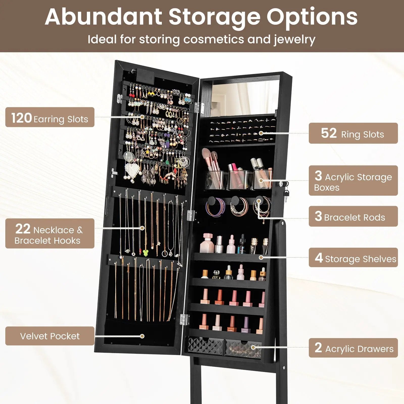 Mirror Jewelry Cabinet with 20 Warm Lights and 4 Tilt Angles by DirectDeals