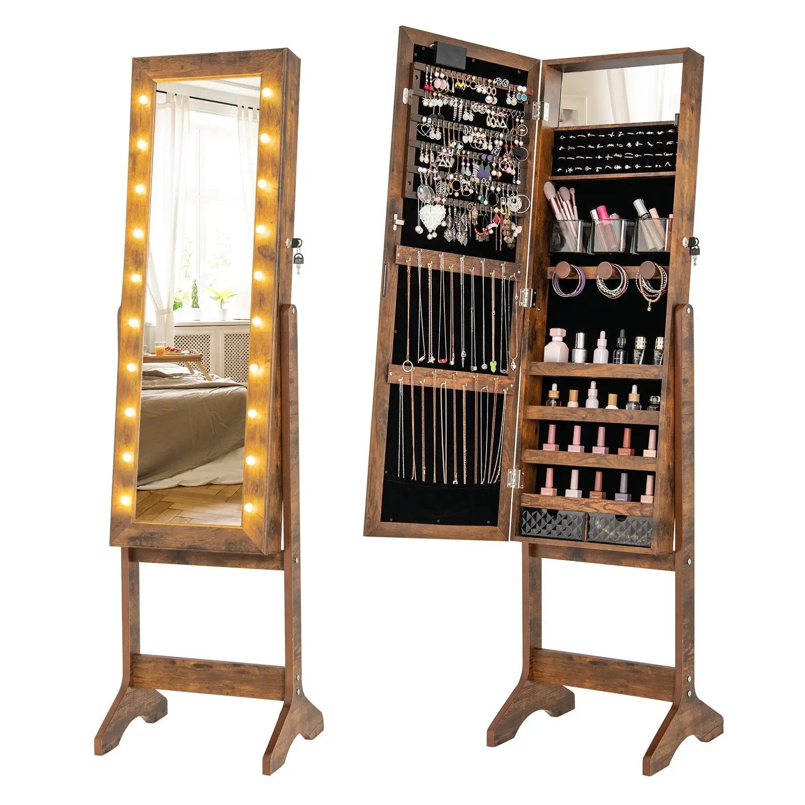 Mirror Jewelry Cabinet with 20 Warm Lights and 4 Tilt Angles by DirectDeals