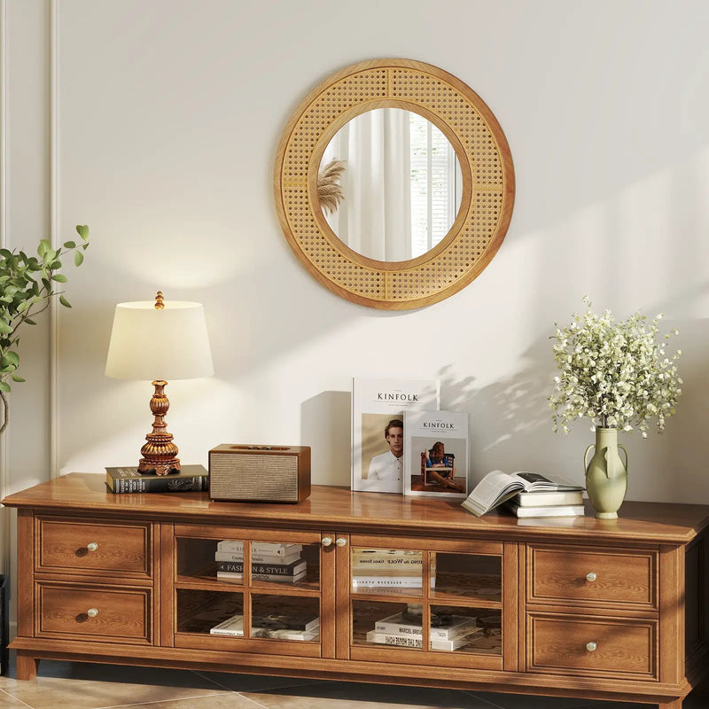 25.5 Inch Bohemian Round Wall Mounted Decorative Mirror with Wooden Frame-Natural by DirectDeals
