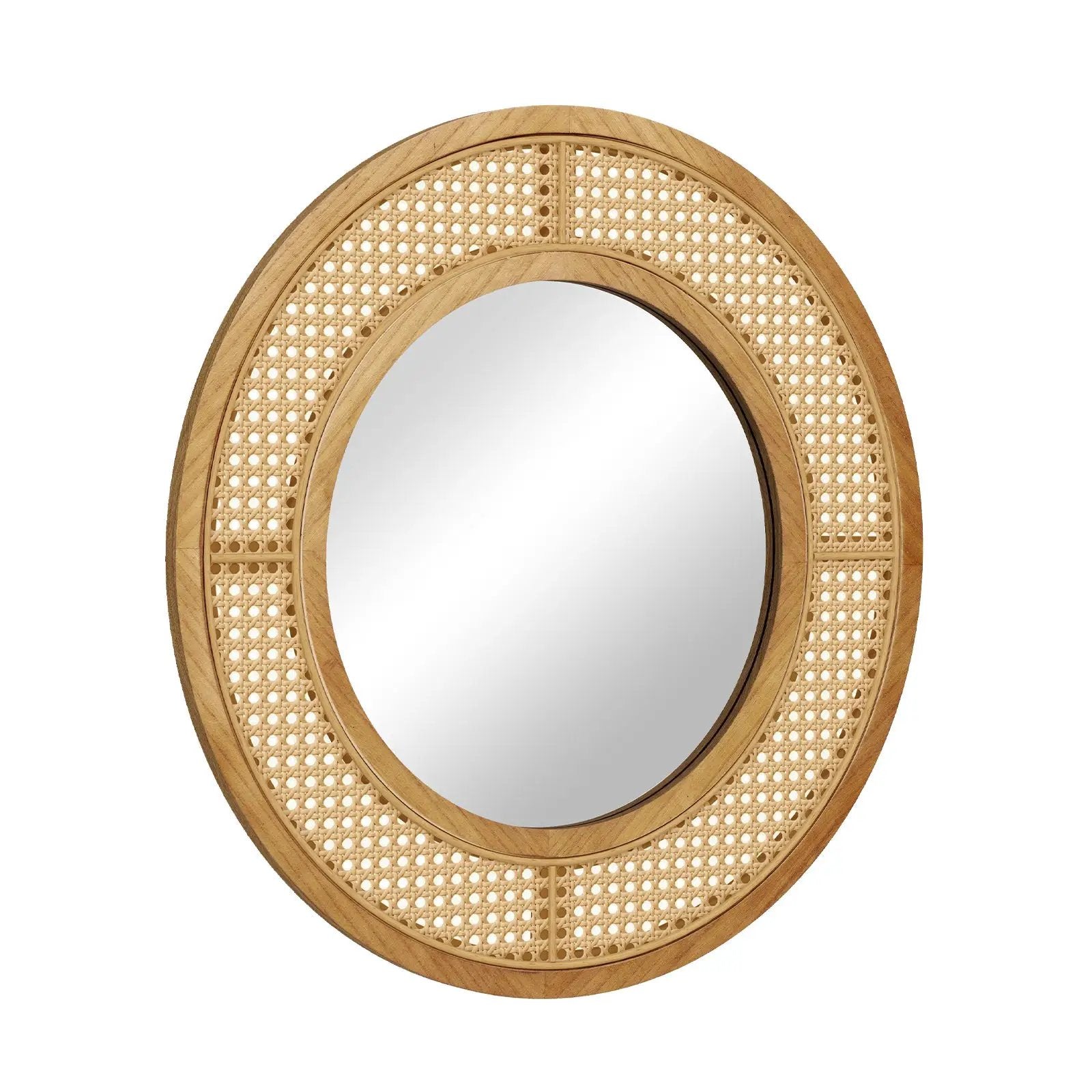 25.5 Inch Bohemian Round Wall Mounted Decorative Mirror with Wooden Frame-Natural by DirectDeals