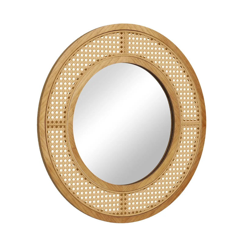 25.5 Inch Bohemian Round Wall Mounted Decorative Mirror with Wooden Frame-Natural by DirectDeals