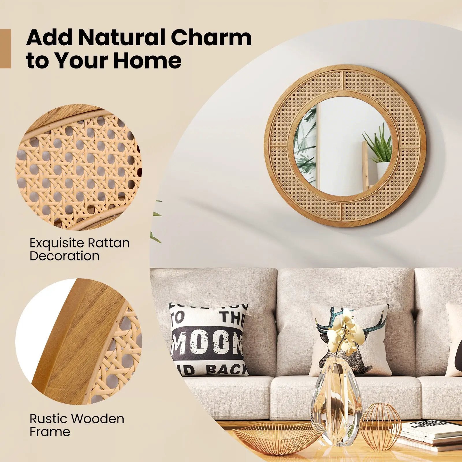 25.5 Inch Bohemian Round Wall Mounted Decorative Mirror with Wooden Frame-Natural by DirectDeals